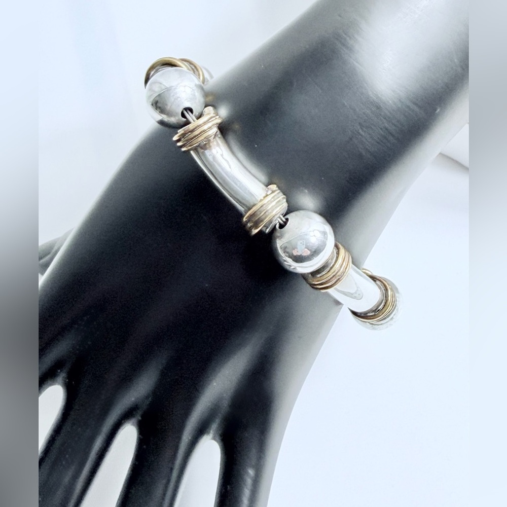Vintage Unique Heavy Sterling Silver Ball & Tube w/Brass Wrapped Trim Bracelet - Picture 3 of 16